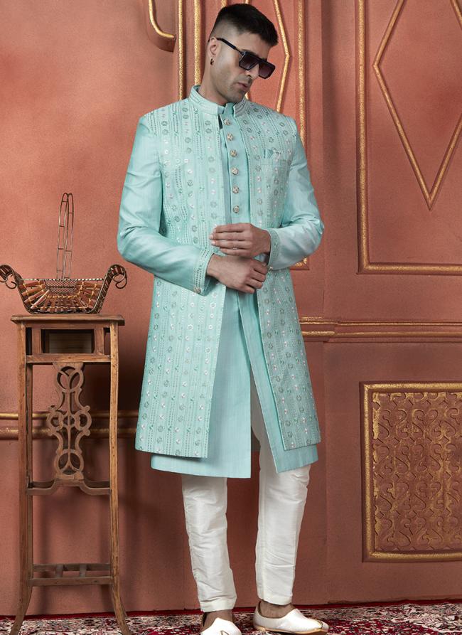 Silk Pista Green Wedding Wear Computer Thread Readymade Sherwani Set